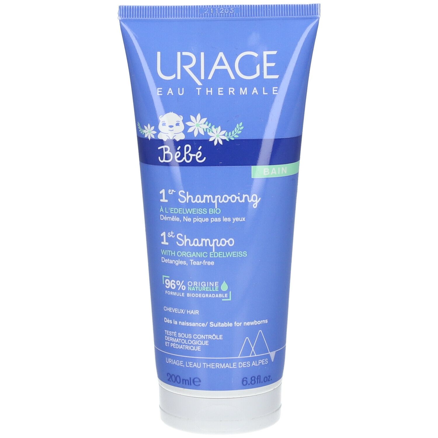 Blauw-witte tube met URIAGE Bébé. Tekst: 1e Shampooing, 96% natuurlijke ingrediënten. Dermatologisch getest. Traanvrij.