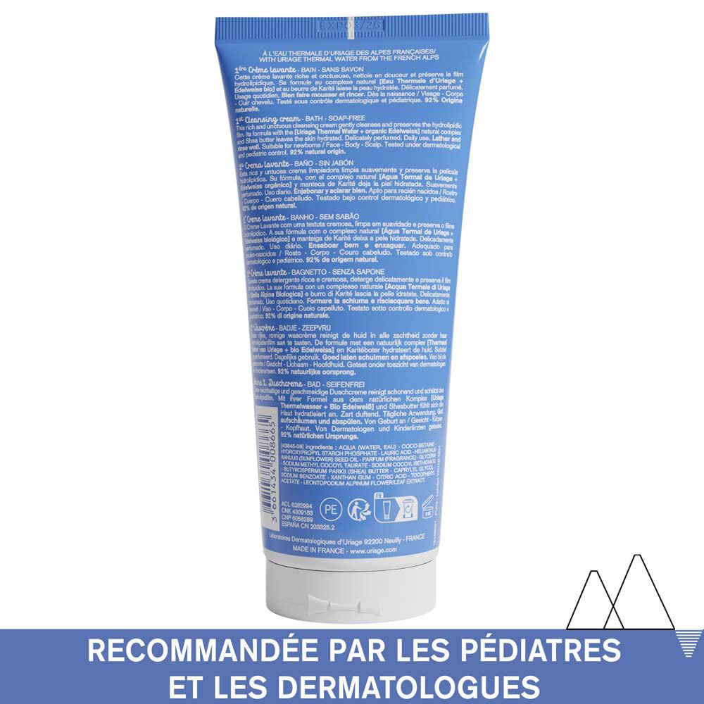 Dos du tube bleu Uriage Bébé 1ère Crème lavante. Texte en plusieurs langues.