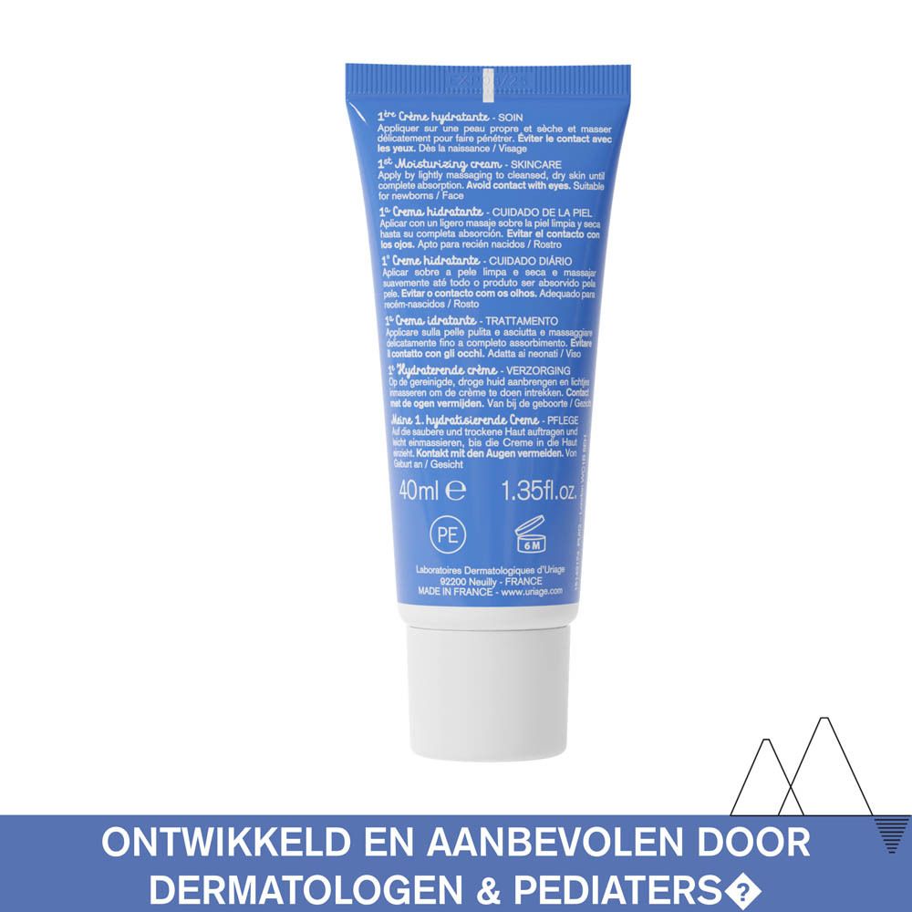 Achterkant van de blauwe tube. Meertalige tekst. Volume: 40ml. Met witte dop.