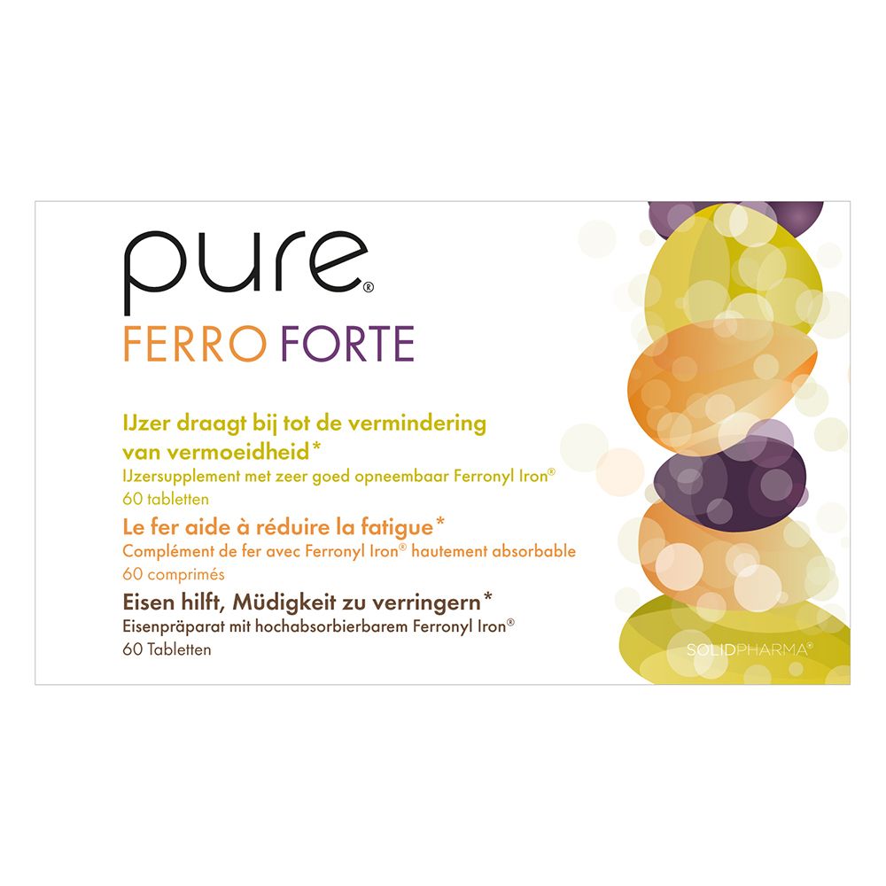 Witte doos met 'pure FERRO FORTE'. Gekleurde, ovale vormen. Tekst in het Nederlands, Frans en Duits.