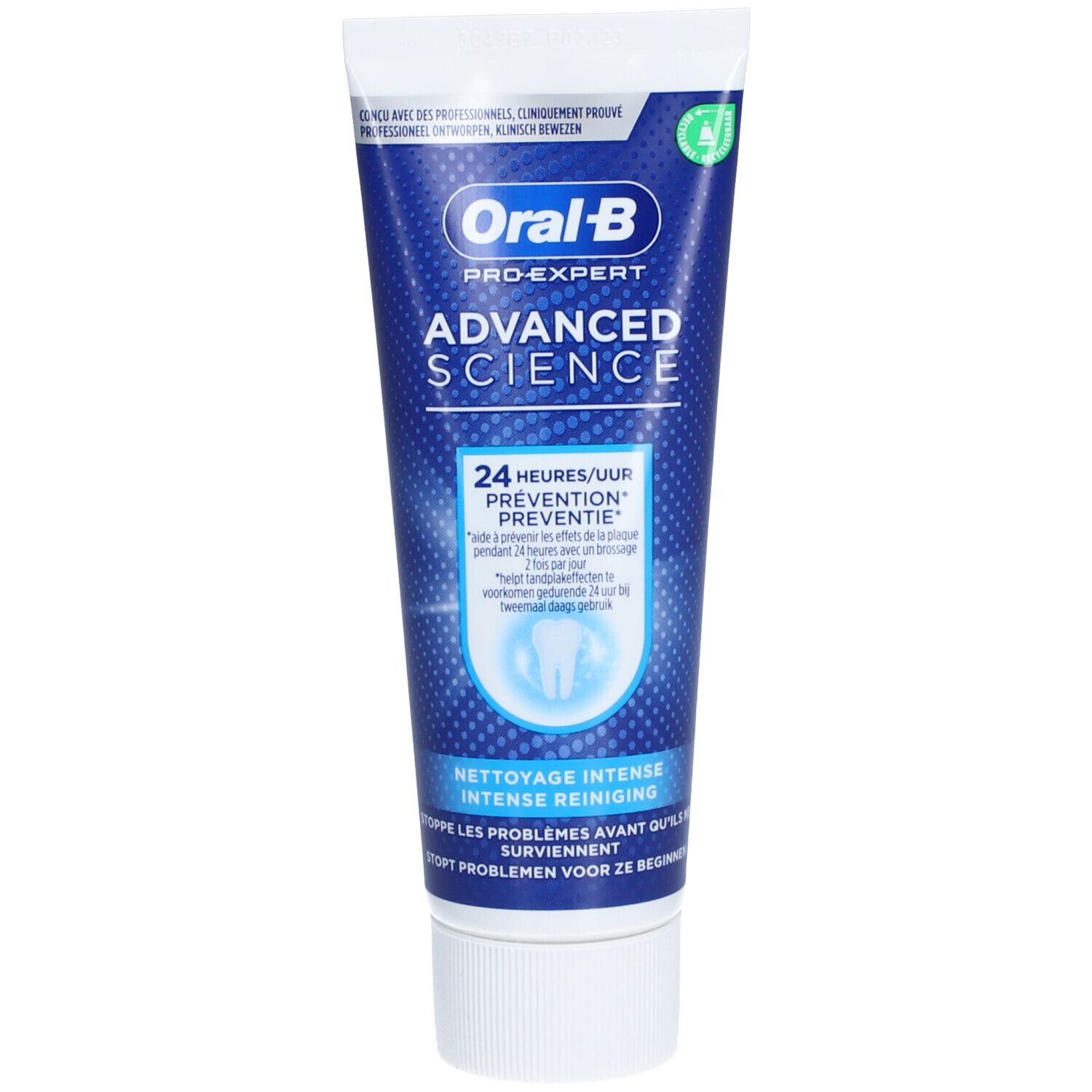 Blauw-witte tandpastatube. Opschrift: Oral-B Pro-Expert Advanced Science. Tekst: 24 uur preventie. Intense reiniging.
