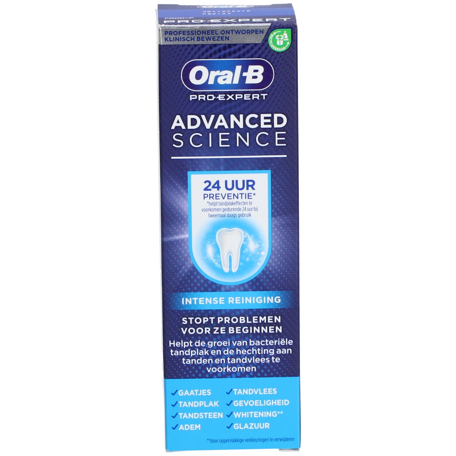 Tandpasta doos, blauw. Opschrift: Oral-B Pro-Expert Advanced Science. Tekst: 24 uur preventie. Intense reiniging.
