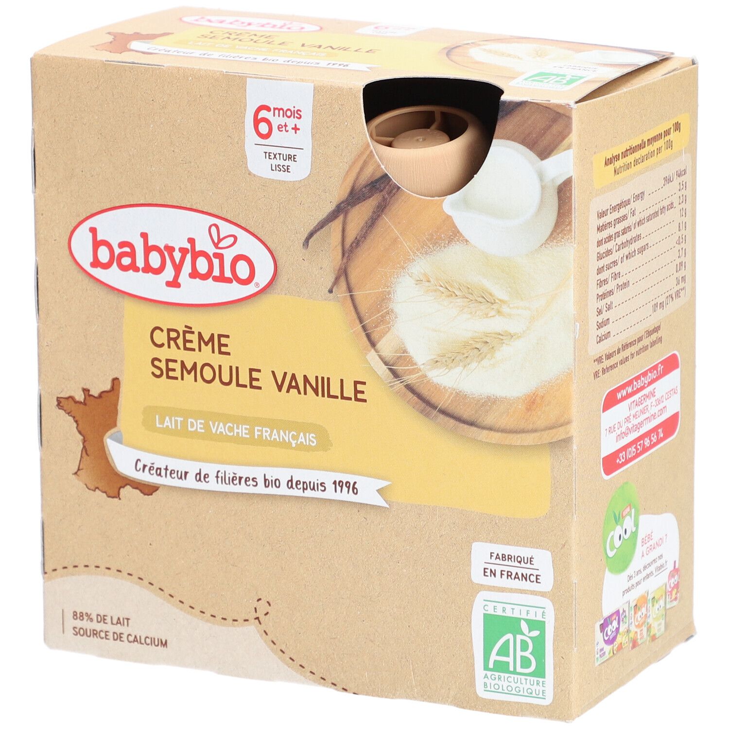 Babybio Semoule Vanille - Alimentation Biologique pour Bébé - Dessert - Goûter - dès 6 Mois