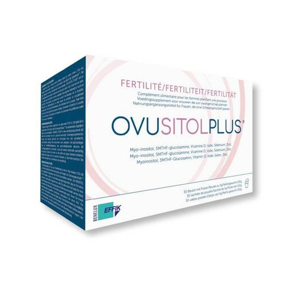 Boîte Ovusitol Plus. Texte: Fertilité. Contient 30 sachets. Logo Effik. Contient myo-inositol, vitamines et minéraux.