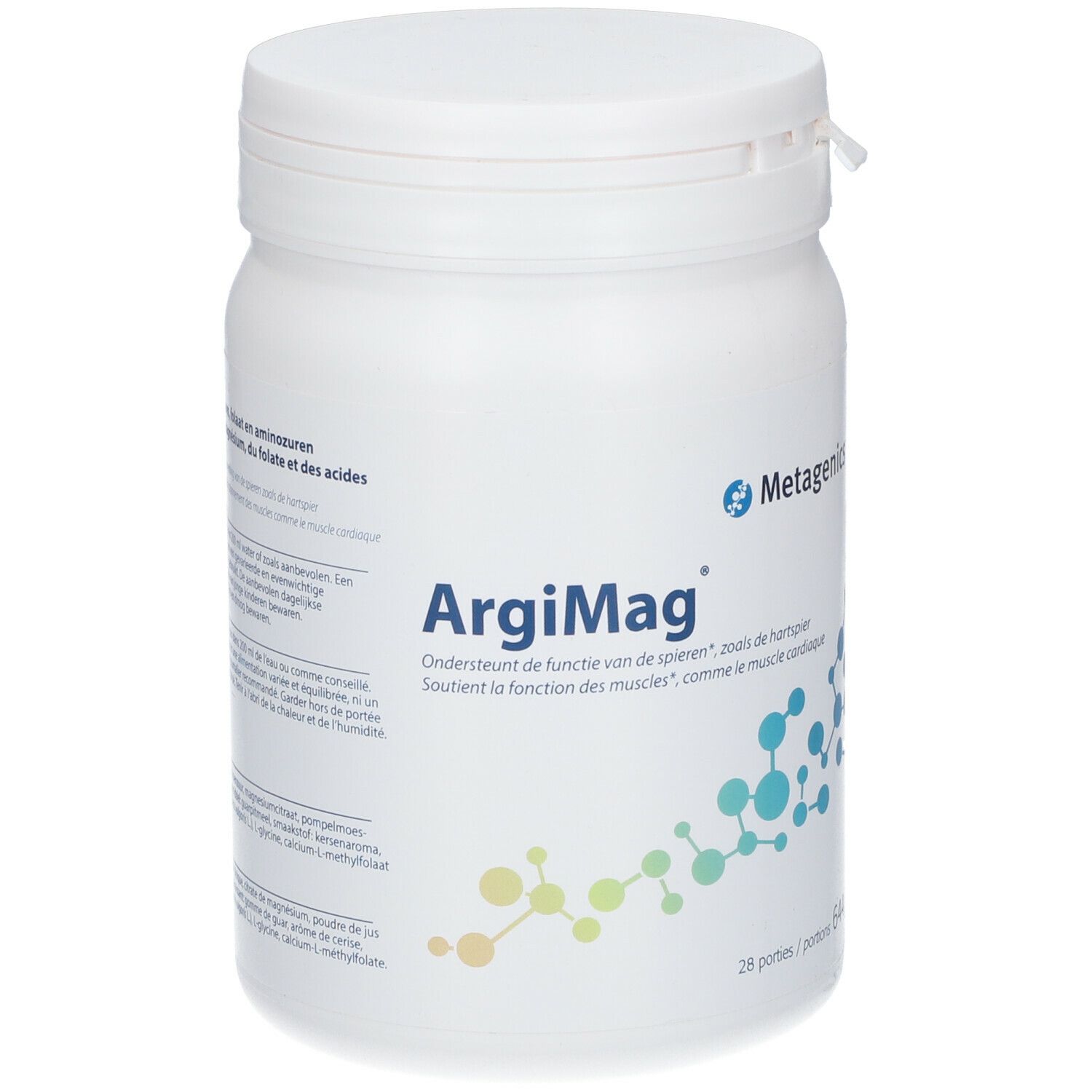 Witte pot met deksel. Opschrift "ArgiMag" en "28 porties". Logo en tekst in meerdere talen.