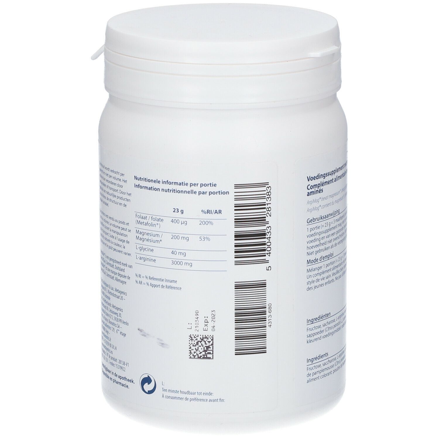 Witte pot, achterkant. Voedingstabel met folaat, magnesium en arginine. Streepjescode.