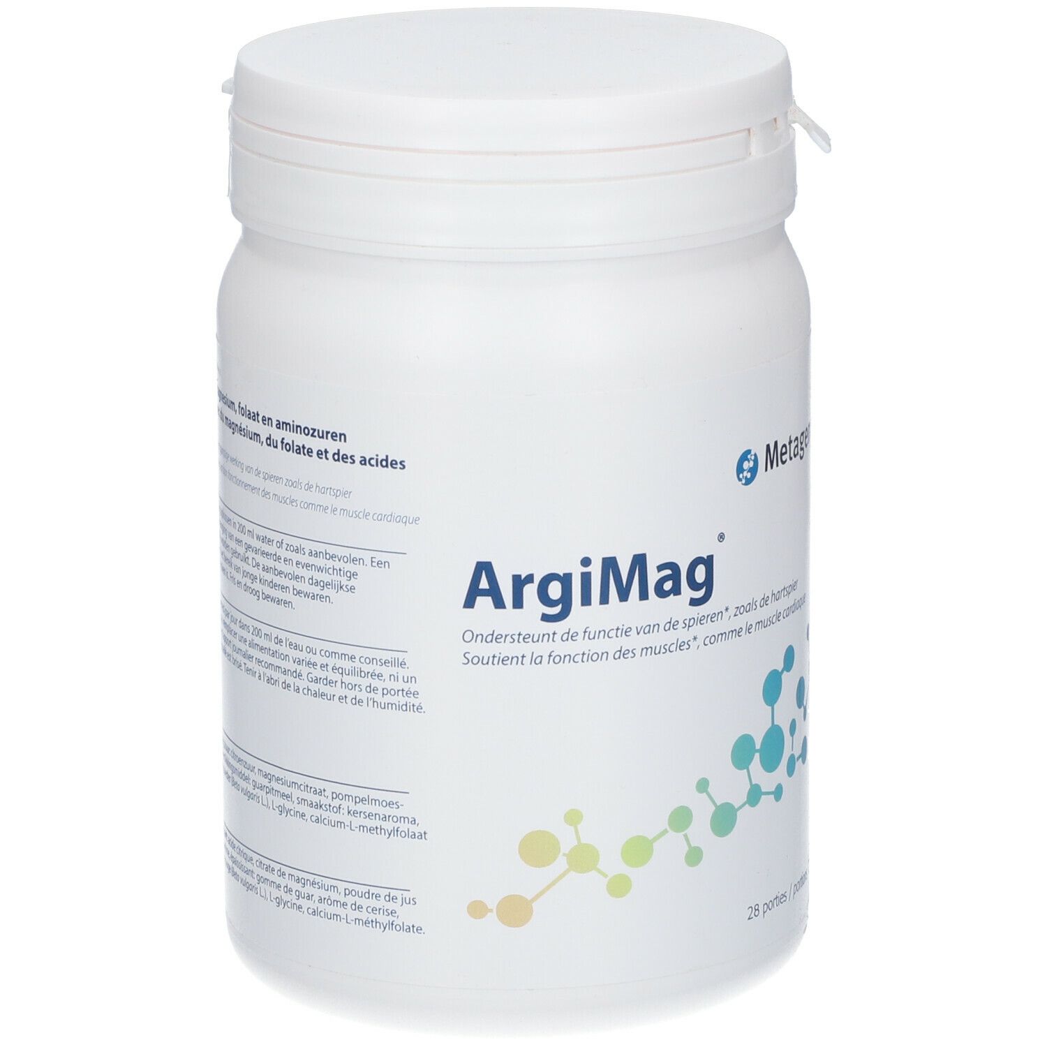 Witte pot met deksel. Opschrift "ArgiMag" en "28 porties". Logo en tekst in meerdere talen.