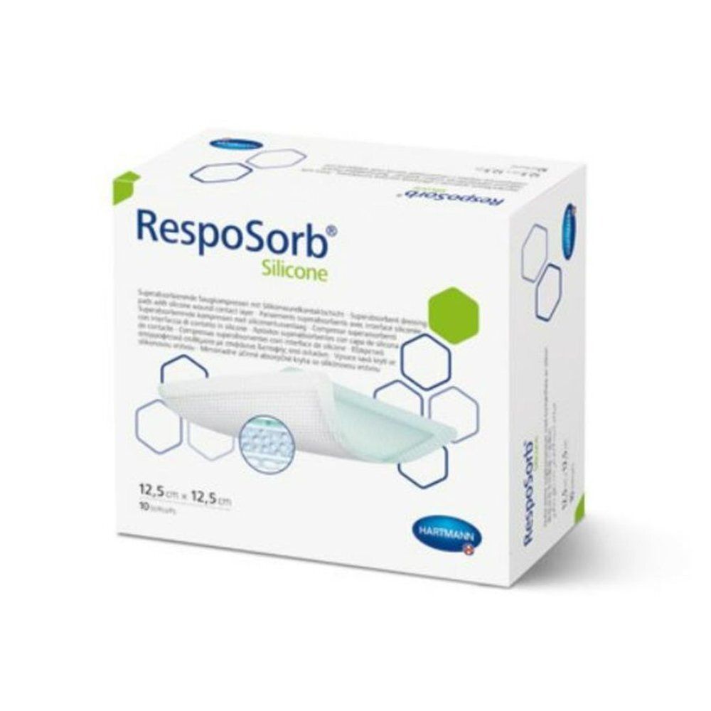 Verpakking RespoSorb Silicone. Opschrift: 12,5 x 12,5 cm. Merk Hartmann. Groen-witte verpakking met productafbeelding.