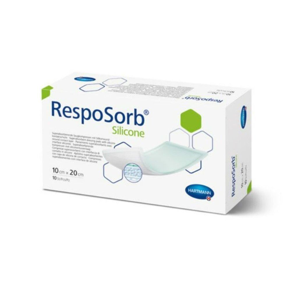 Verpakking van RespoSorb Silicone. Product voor verbanden. Afmetingen: 10x20cm. Merk: Hartmann. Groen en blauw design.