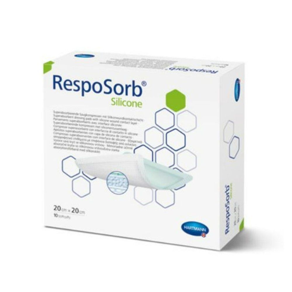 Boîte de pansements RespoSorb Silicone, 20x20cm, 10 unités. Marque Hartmann. Boîte blanche avec illustration du produit.