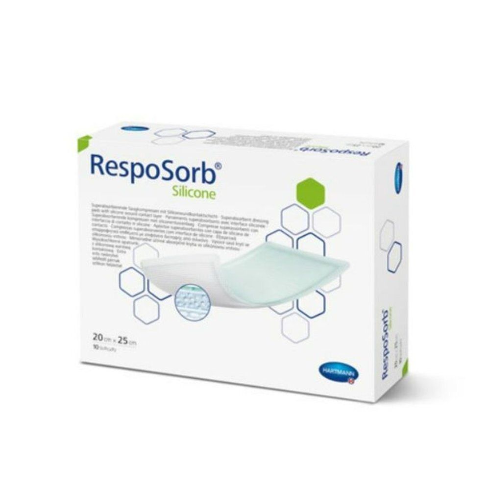 Verpakking van RespoSorb Silicone. Productnaam, afmetingen en een verband zijn zichtbaar op de verpakking.