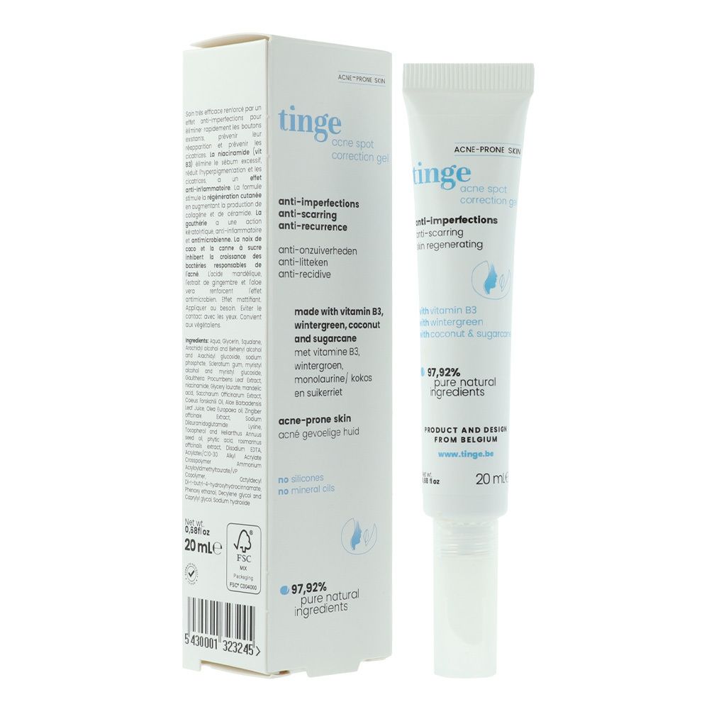Productverpakking en tube. Verpakking: wit, tekst: tinge, acne spot correction gel. Tube: wit, tekst: anti-imperfecties.