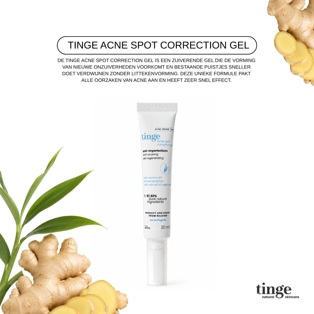 Productverpakking en tube. Verpakking: wit, tekst: tinge, acne spot correction gel. Tube: wit, tekst: anti-imperfecties.