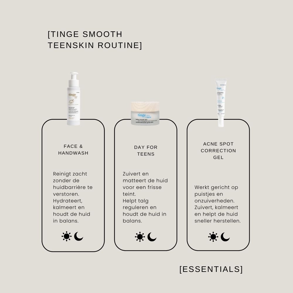 Zijkant van het doosje voor Tinge Akne Spot Correction Gel met gebruiksinstructies.