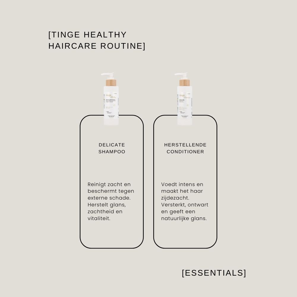Fles Tinge Delicate Shampoo met pompdop, met granaatappel en arganolie symbolen.