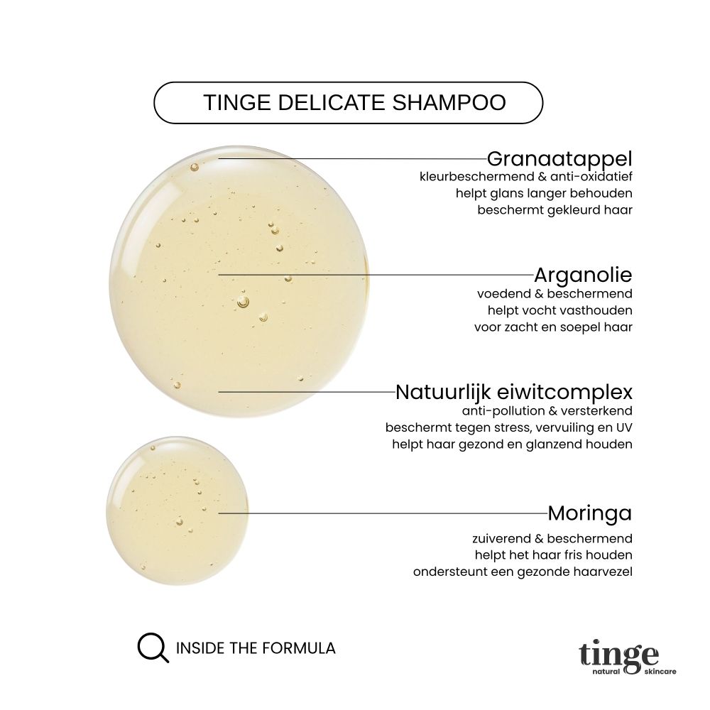 Fles Tinge Delicate Shampoo met pompdop, met vermelding 'Product en design uit België'.