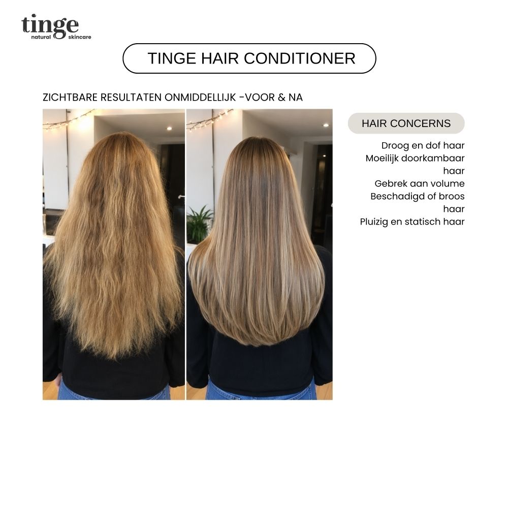 Witte fles met doseerpomp en houten dop, Tinge Conditioner.