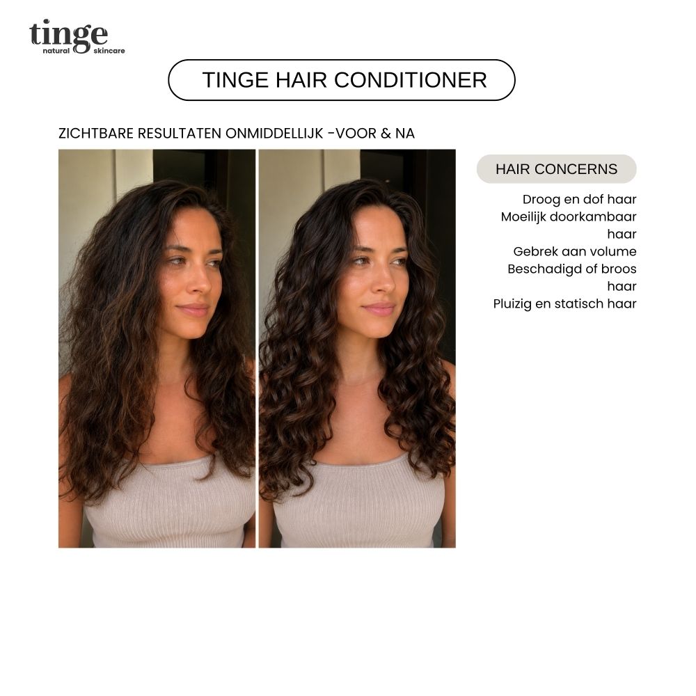 Witte fles met doseerpomp en houten dop, Tinge Conditioner.