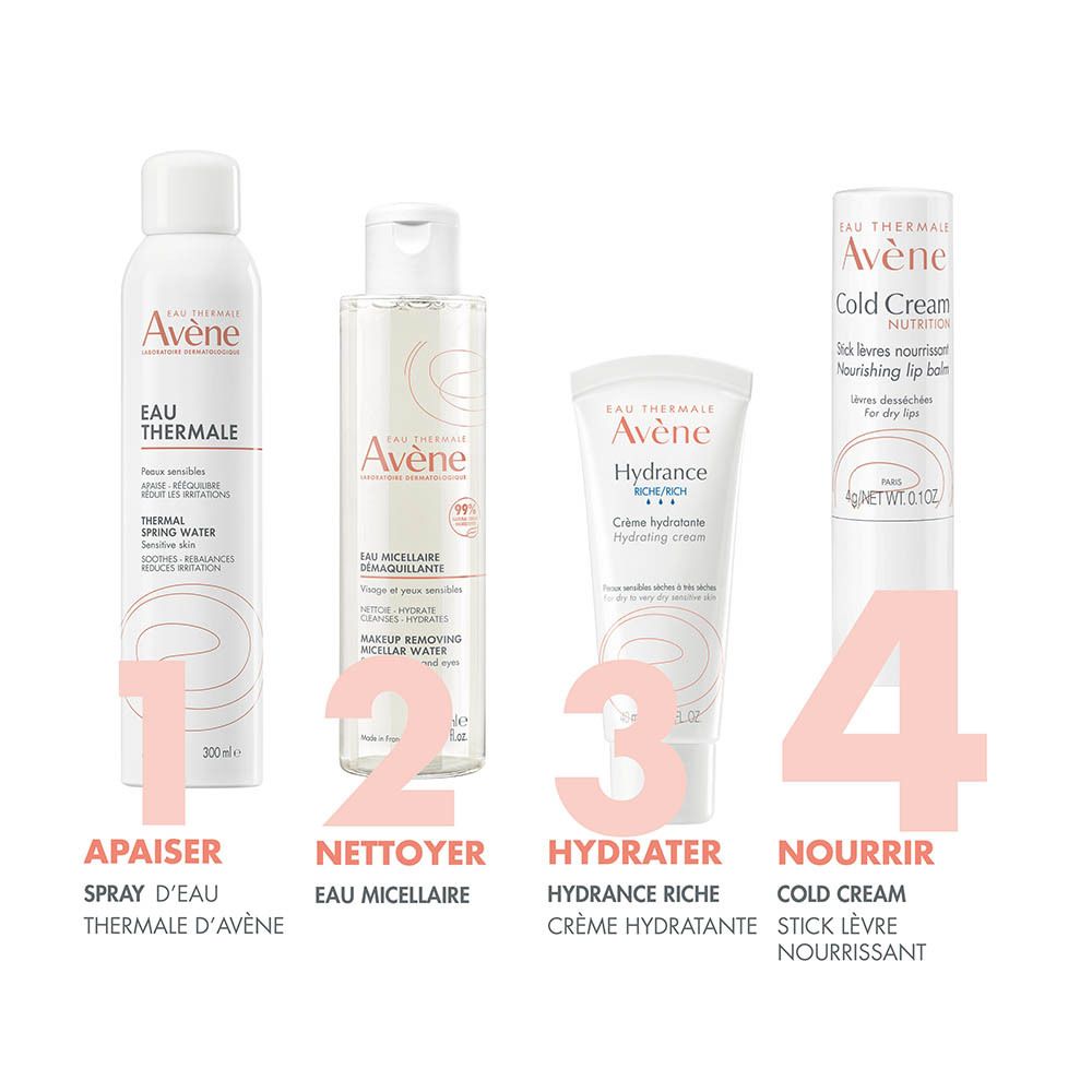 Spray Avène Eau Thermale, eau micellaire, crème hydratante et baume à lèvres.