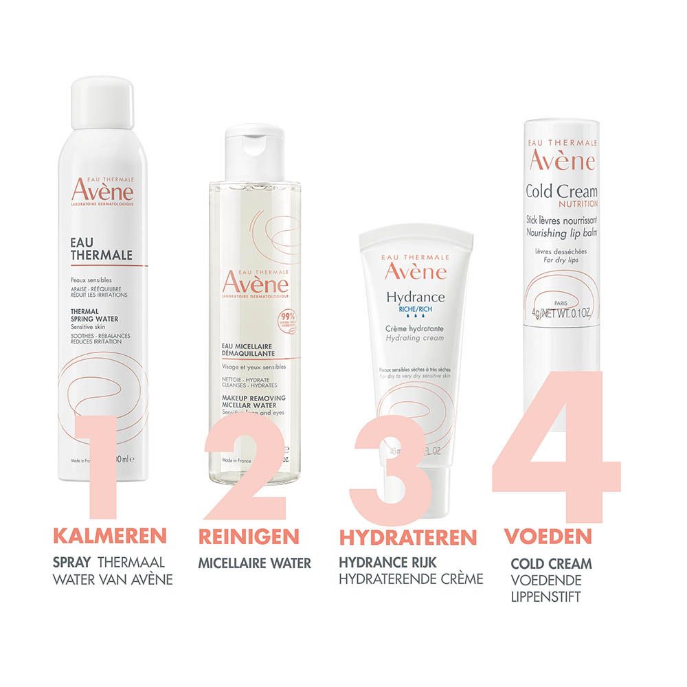 Vier Avène-producten: thermaal waterspray, micellair water, hydraterende crème, lippenbalsem.