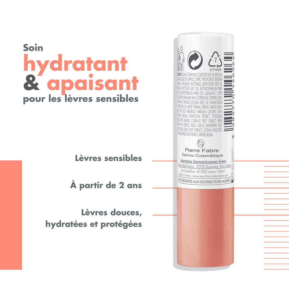 Dos du stick lèvres. Texte: hydratant & apaisant pour les lèvres sensibles. À partir de 2 ans.