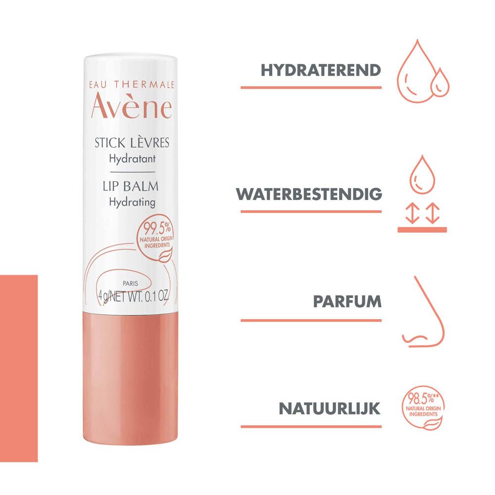 Lippenstift, wit-roze. Opschrift: Eau Thermale Avène, Stick Lèvres Hydratant. 99,5% natuurlijke ingrediënten.