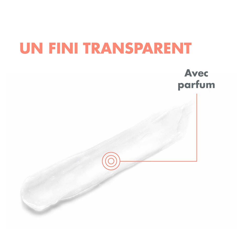Échantillon de produit. Texte: Un fini transparent. Avec parfum.