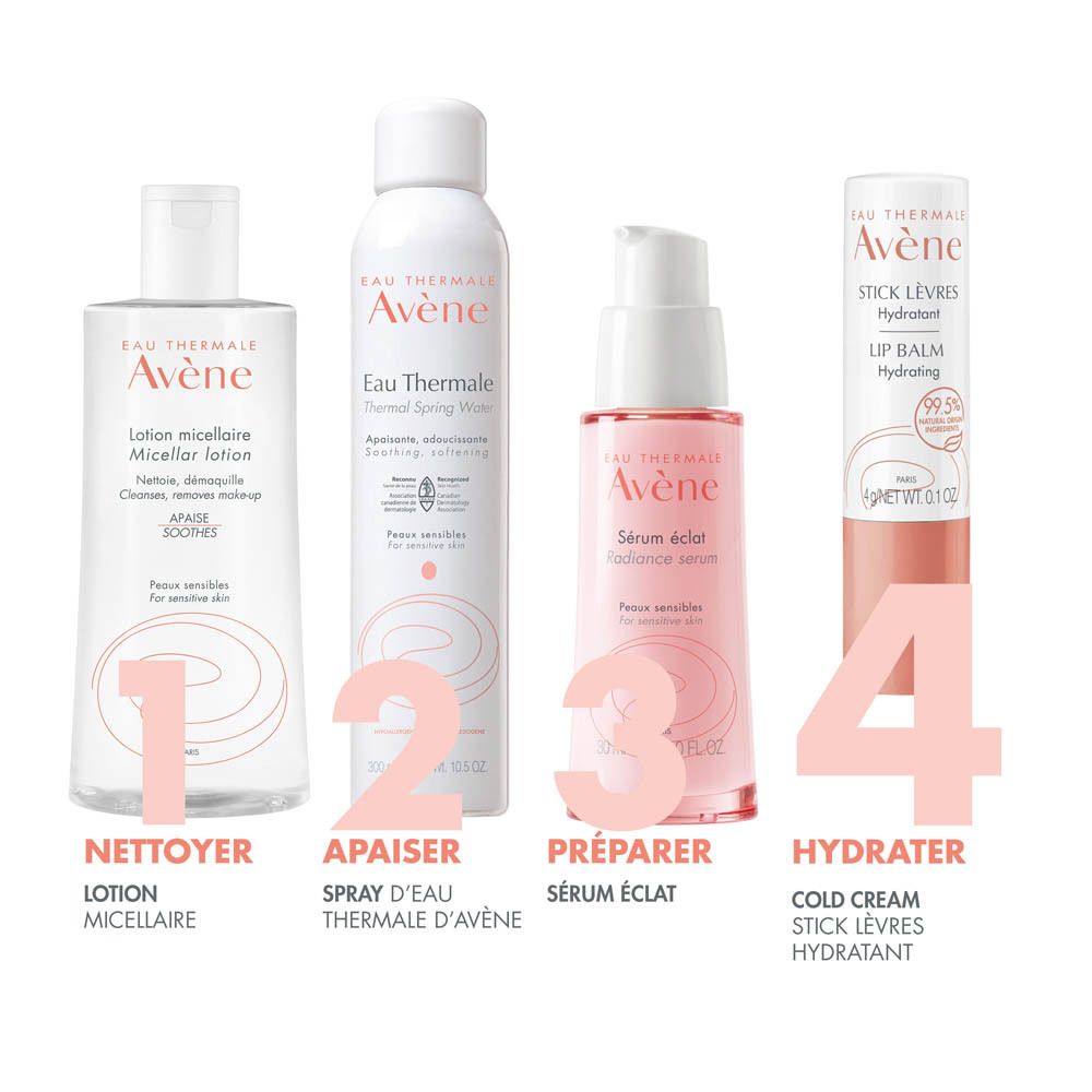 Quatre produits: Nettoyer, Apaiser, Préparer, Hydrater. Produits Eau Thermale Avène.