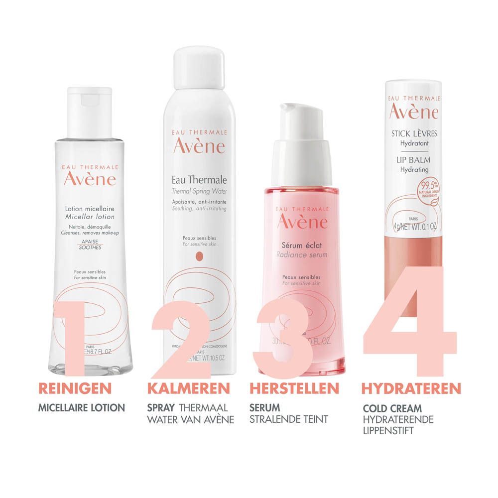 Vier producten: Reinigen, Kalmeren, Herstellen, Hydrateren. Eau Thermale Avène producten.