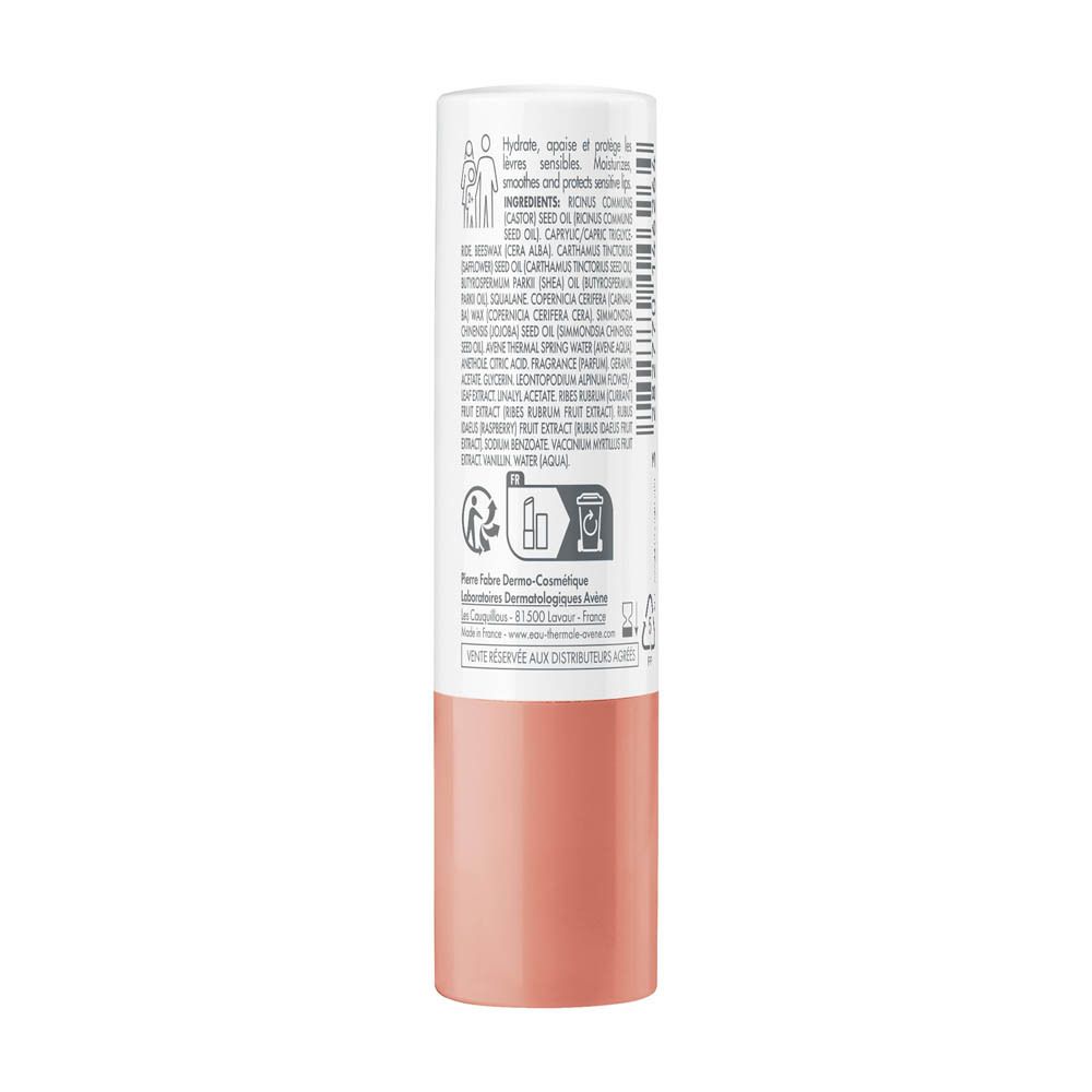 Lippenstift, wit-roze. Achterkant met ingrediënten en informatie. Pierre Fabre Dermo-Cosmétique.