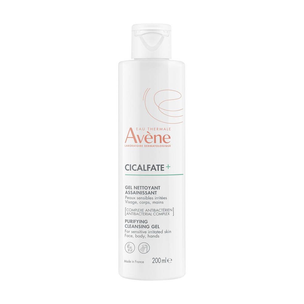 Flacon blanc avec bouchon blanc. Inscription: Avène, CICALFATE+. Gel nettoyant assainissant. 200ml.