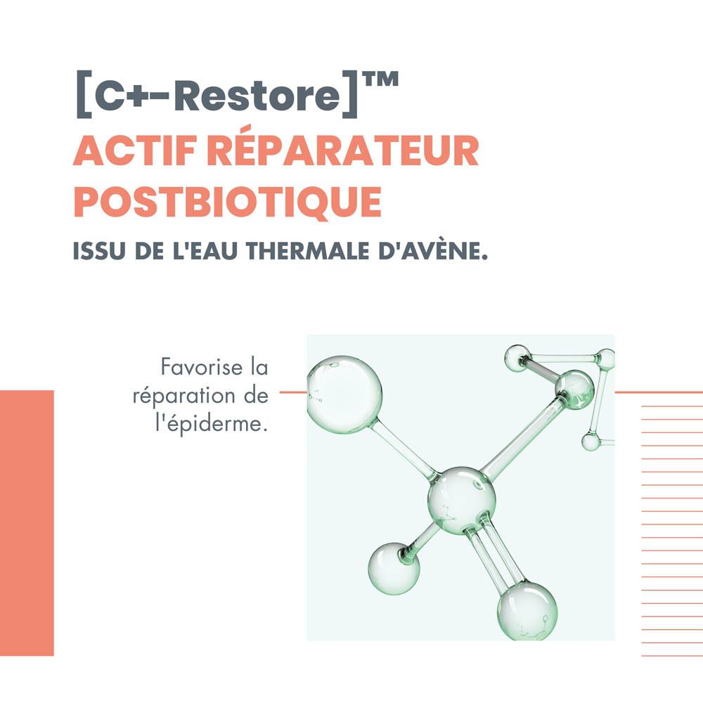 Graphique avec structure moléculaire. Texte: [C+-Restore]™ Actif réparateur postbiotique. Issu de l'eau thermale d'Avène.