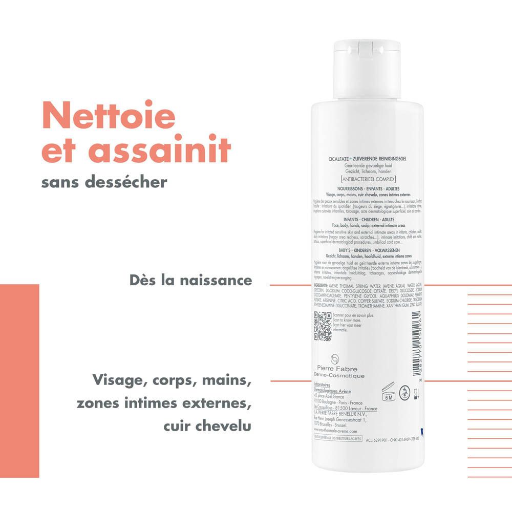 Dos du flacon. Texte: Nettoie et assainit sans dessécher. Dès la naissance. Visage, corps, mains, zones intimes.