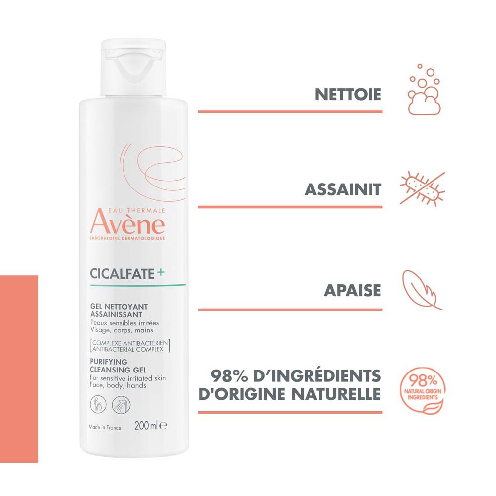 Flacon blanc avec texte: Avène, CICALFATE+. Gel nettoyant assainissant. 200ml. 98% Ingrédients d'origine naturelle.