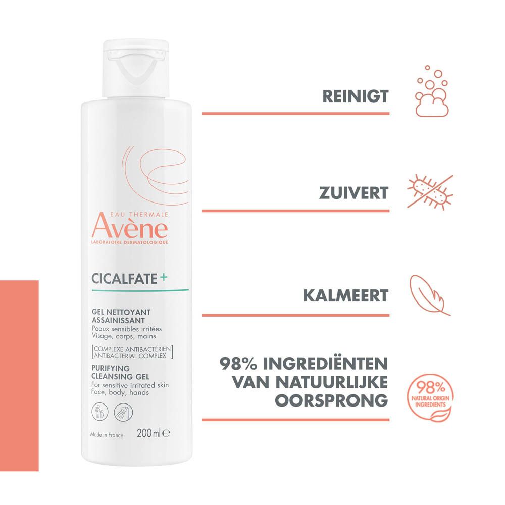 Witte fles met tekst: Avène, CICALFATE+. Gel nettoyant assainissant. 200ml. 98% Ingrediënten van natuurlijke oorsprong.