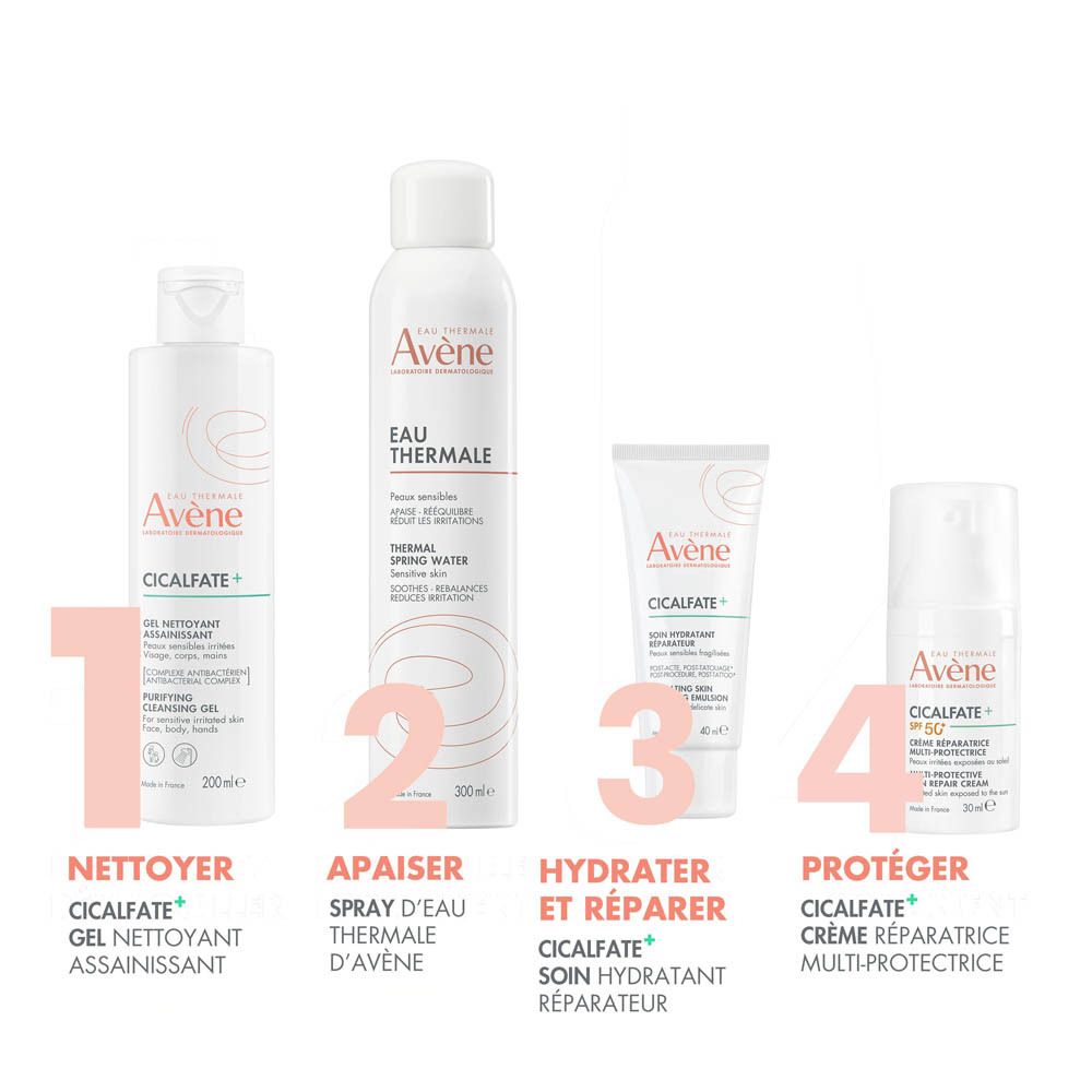 Gamme de produits: CICALFATE+ Gel nettoyant, Eau thermale, CICALFATE+ Crème, CICALFATE+ Sérum.