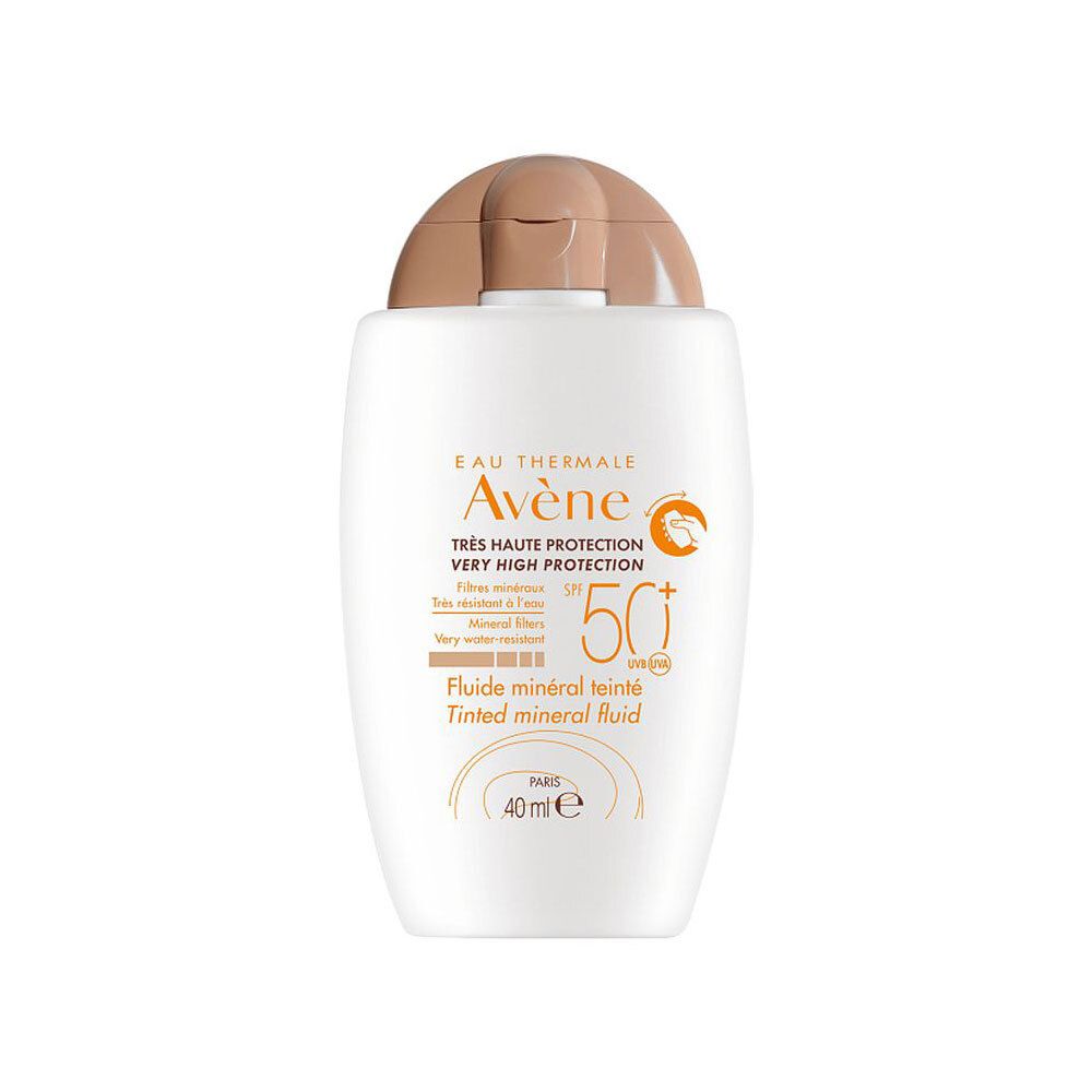 AVÈNE Getinte minerale vloeistof SPF50+ fles. Wit, beige dop. Tekst: Très haute protection, SPF 50+, 40 ml.
