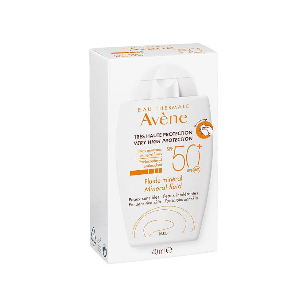 AVÈNE Fluide minéral teinté SPF50+ dans son emballage. Boîte blanche, flacon à l'intérieur. Texte: SPF50+.