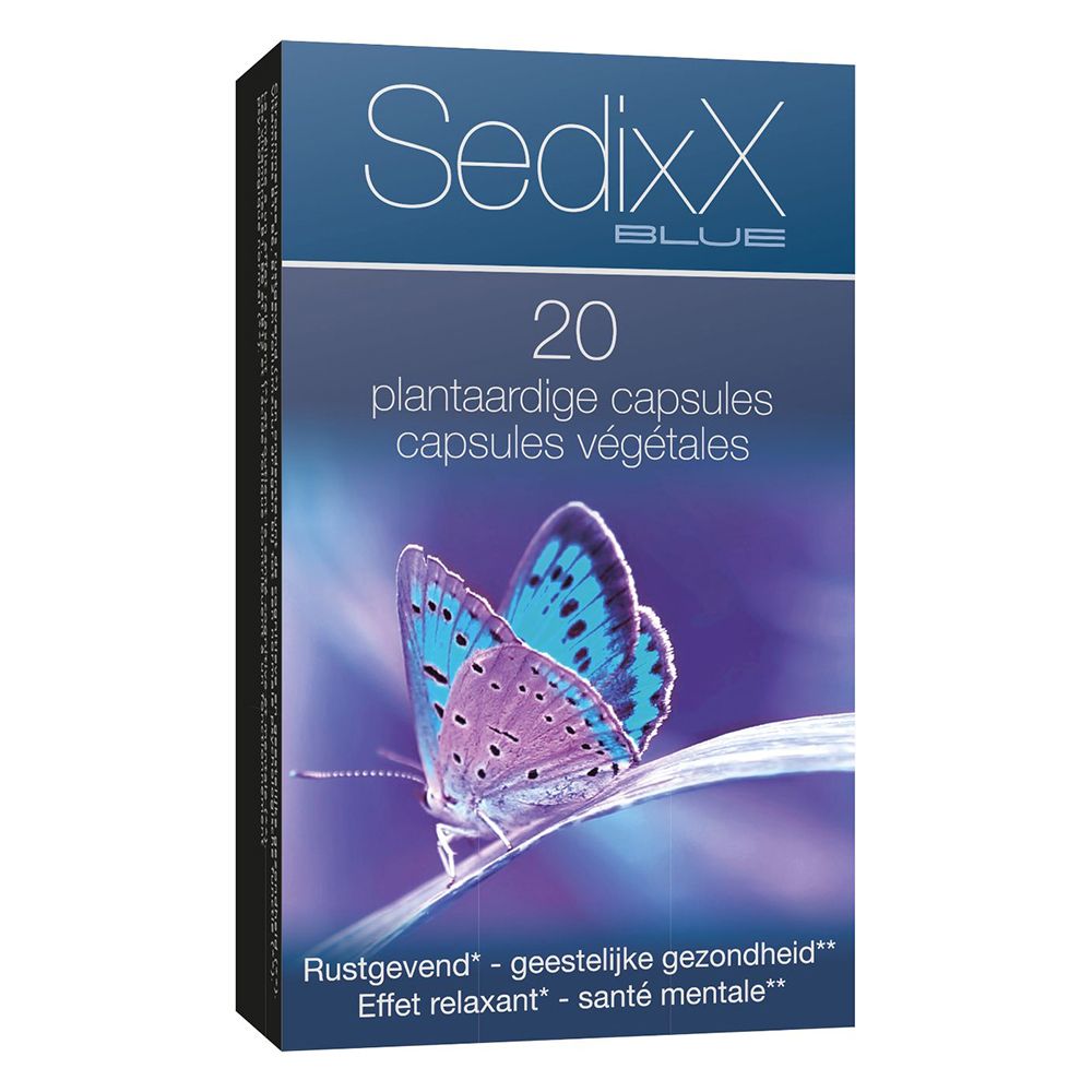 Boîte SedixX BLUE avec 20 gélules végétales. Image d'un papillon bleu. Texte : 'Rustgevend - geestelijke gezondheid'.