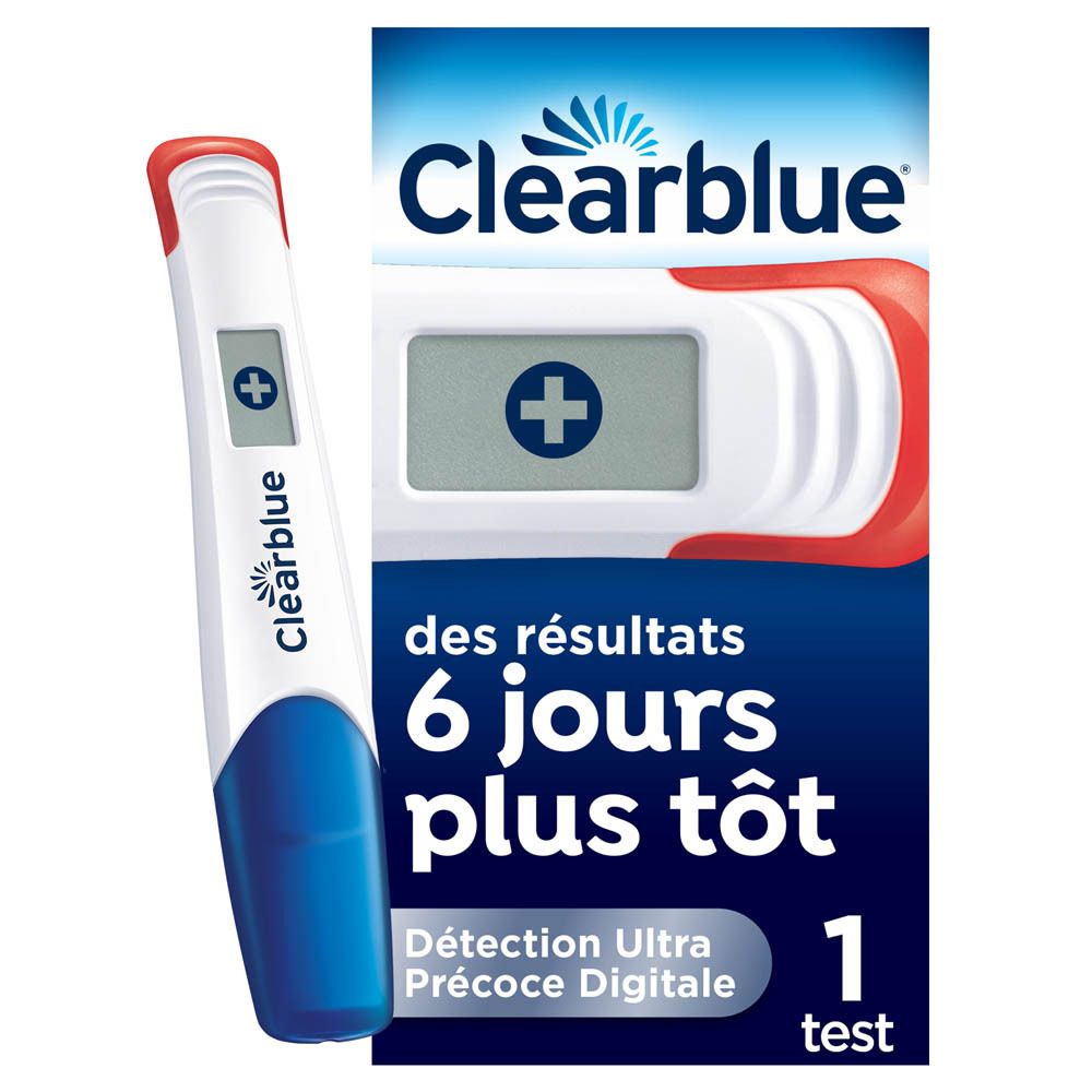 Test de grossesse digital Clearblue. Appareil blanc, manche bleu et écran.