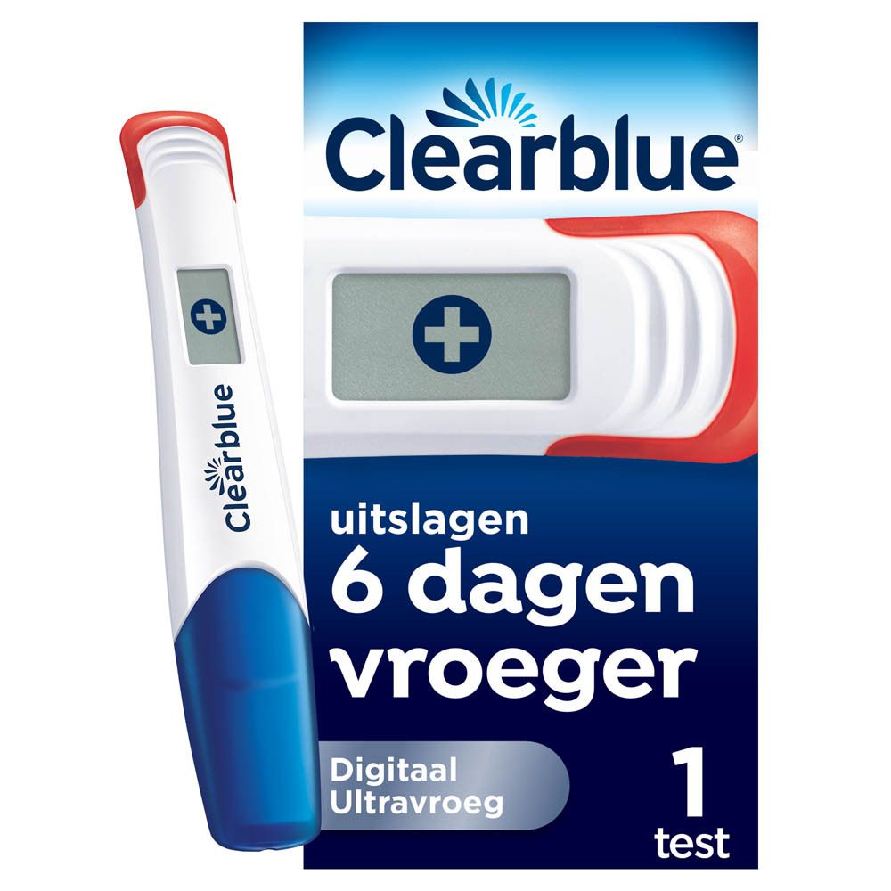 Clearblue digitale zwangerschapstest. Apparaat met display en verpakking.
