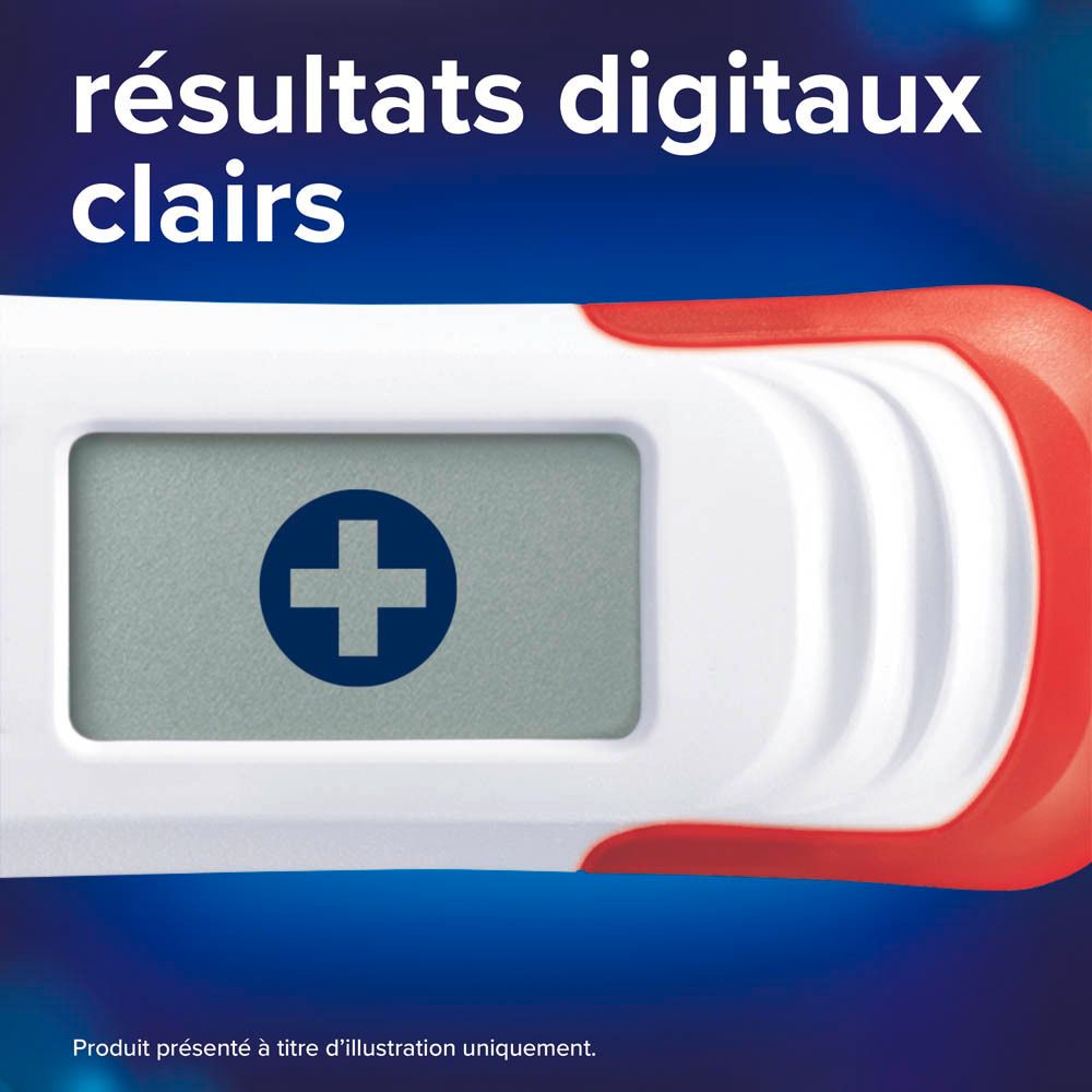 Gros plan sur l'écran d'un test Clearblue. Symbole de la croix.