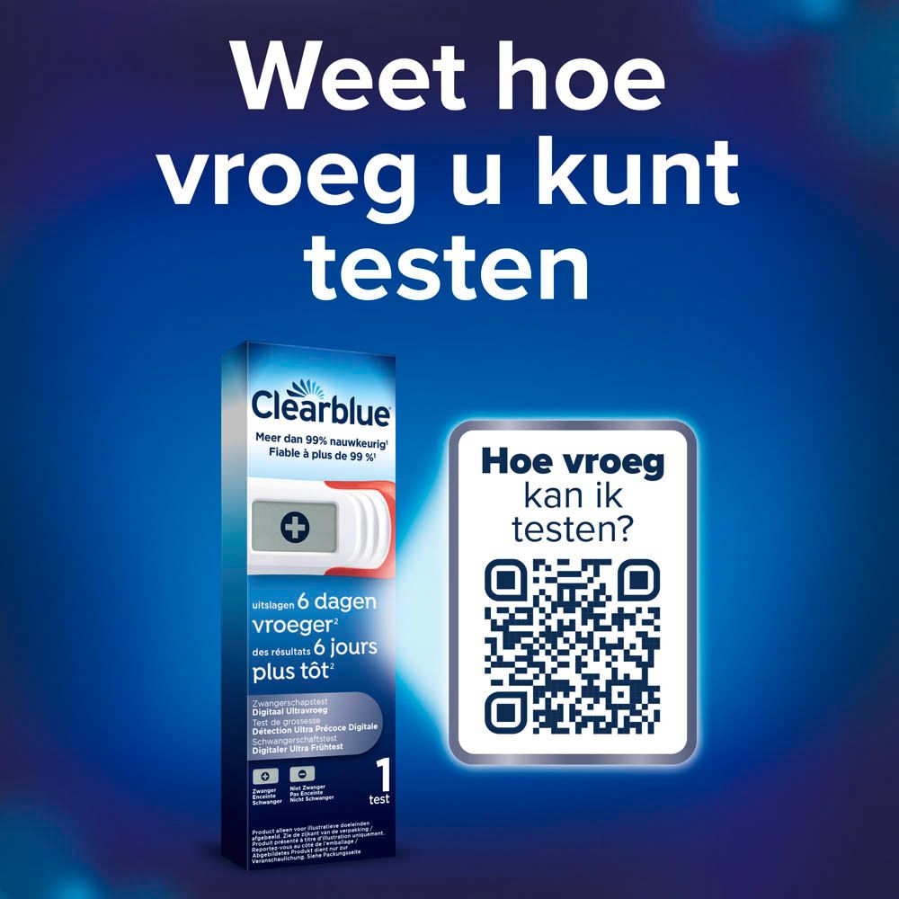 Clearblue-test en verpakking. Vraag: hoe vroeg kan ik testen?
