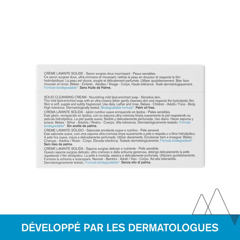 Dos de l'emballage. Texte: Crème Lavante Solide, Solid Cleansing Cream, sans huile de palme, testé dermatologiquement.