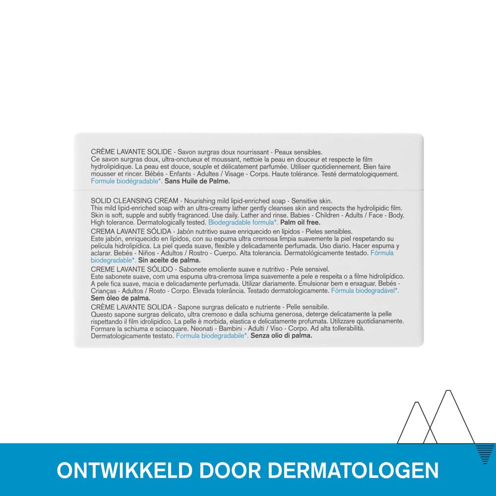 Achterkant van de verpakking. Tekst: Crème Lavante Solide, Solid Cleansing Cream, zonder palmolie, dermatologisch getest.