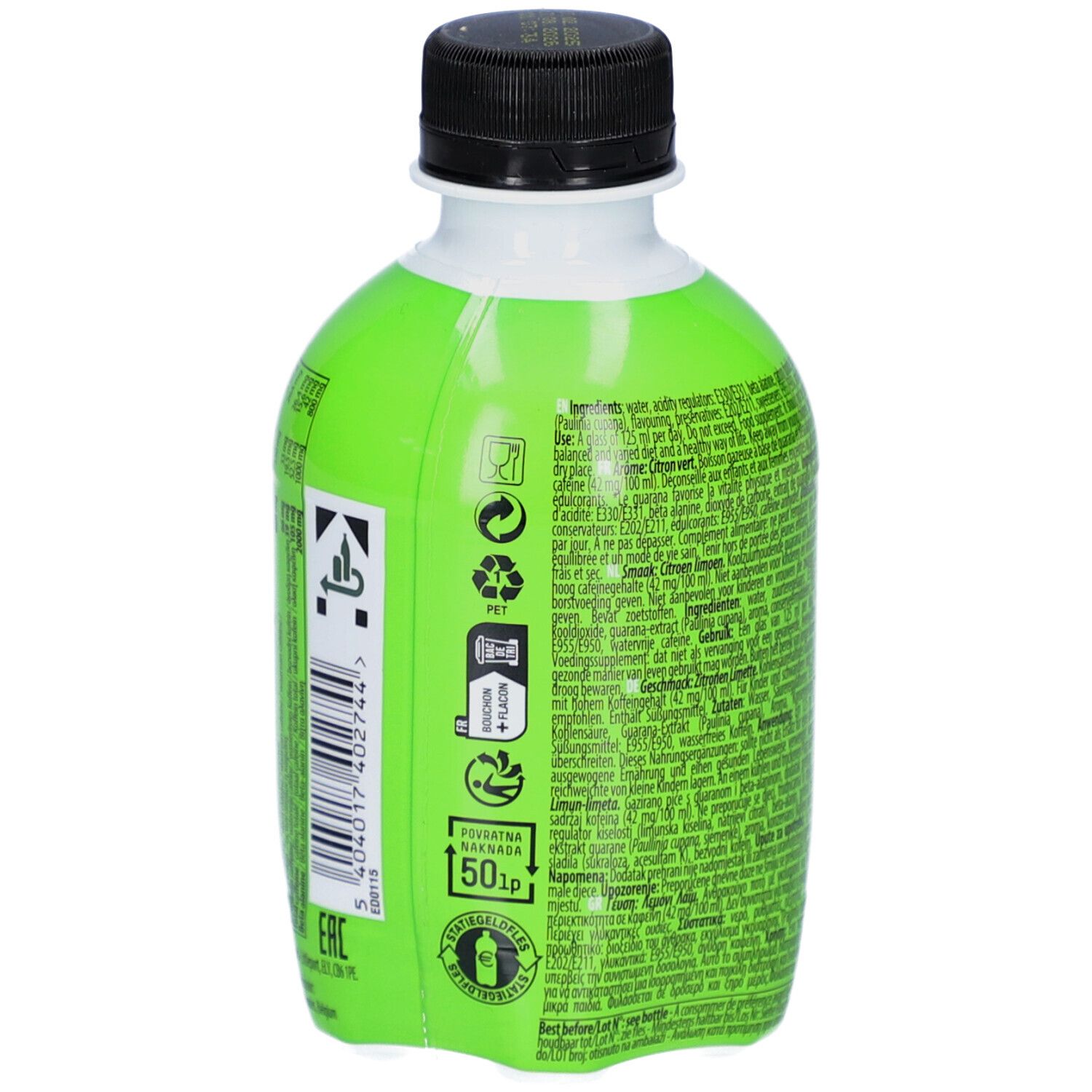 Dos d'une bouteille verte. Contient des informations sur les ingrédients et les avertissements. Avec symboles de recyclage et logo de consigne.