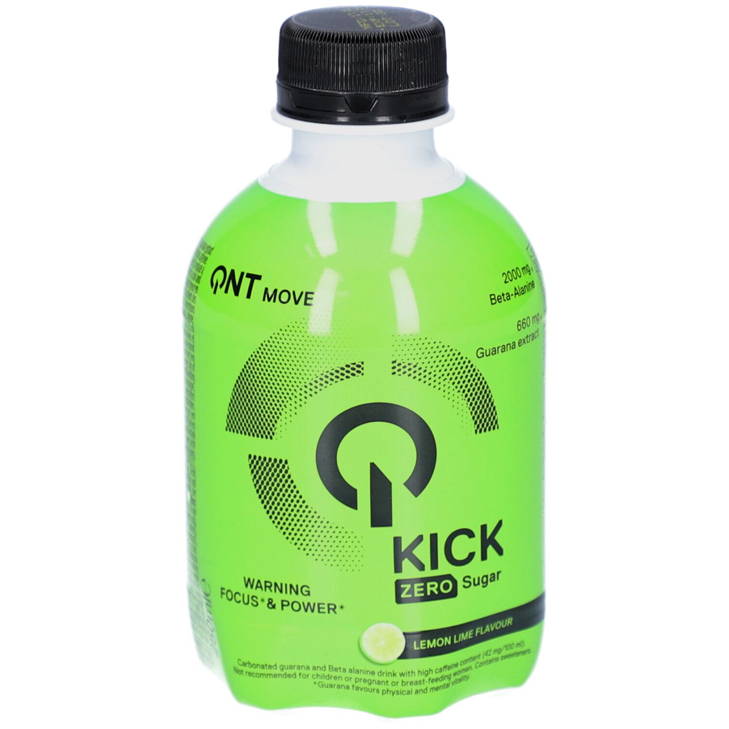 Bouteille verte avec bouchon noir. Inscription QNT KICK ZERO Sugar. Contient de la bêta-alanine et de l'extrait de guarana. Goût citron vert.