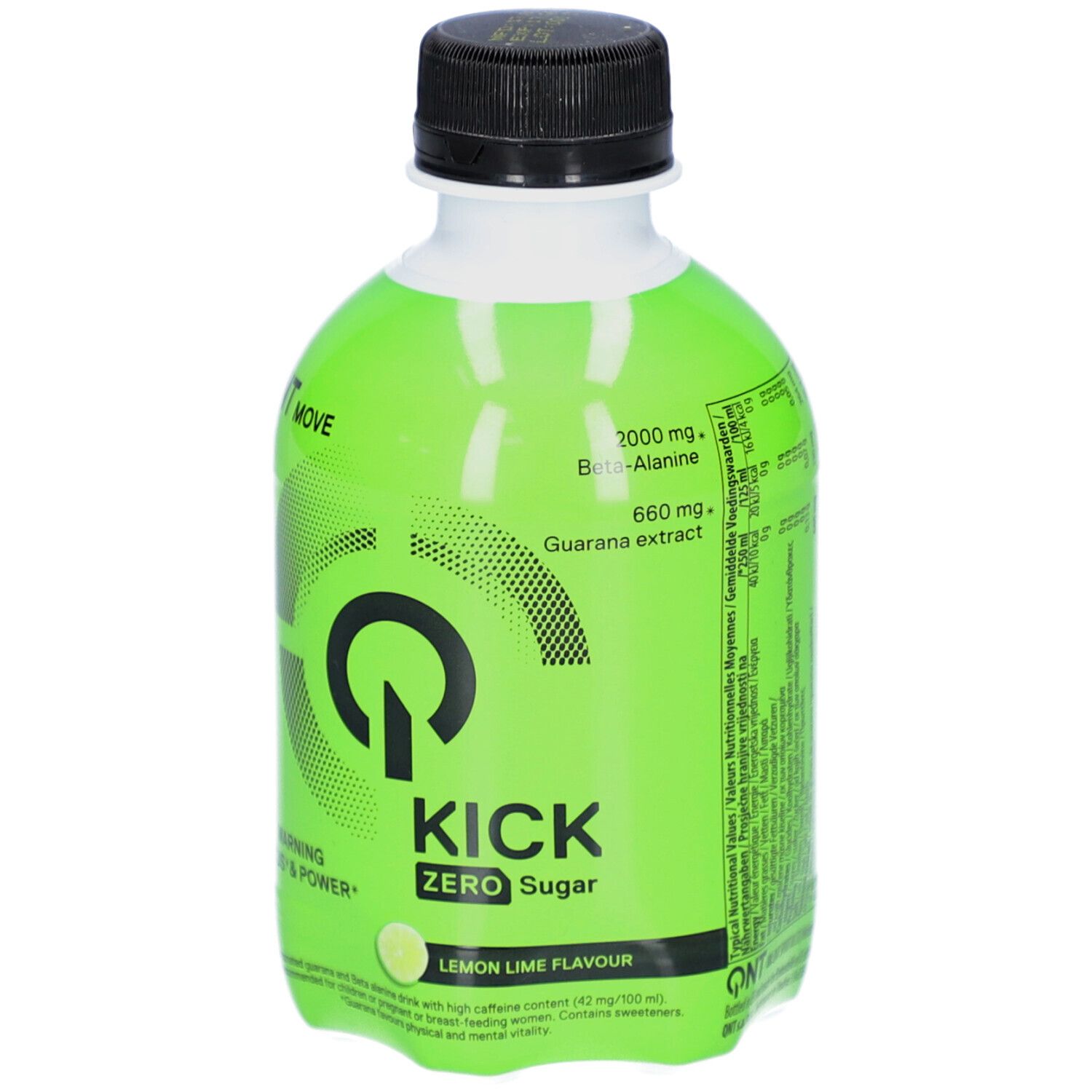 Bouteille verte avec bouchon noir. Inscription QNT KICK ZERO Sugar. Contient de la bêta-alanine et de l'extrait de guarana. Goût citron vert.