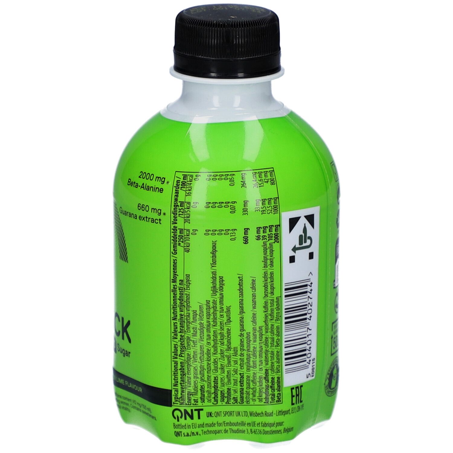 Dos d'une bouteille verte. Contient des informations sur les ingrédients et les avertissements. Avec informations nutritionnelles et fabricant.