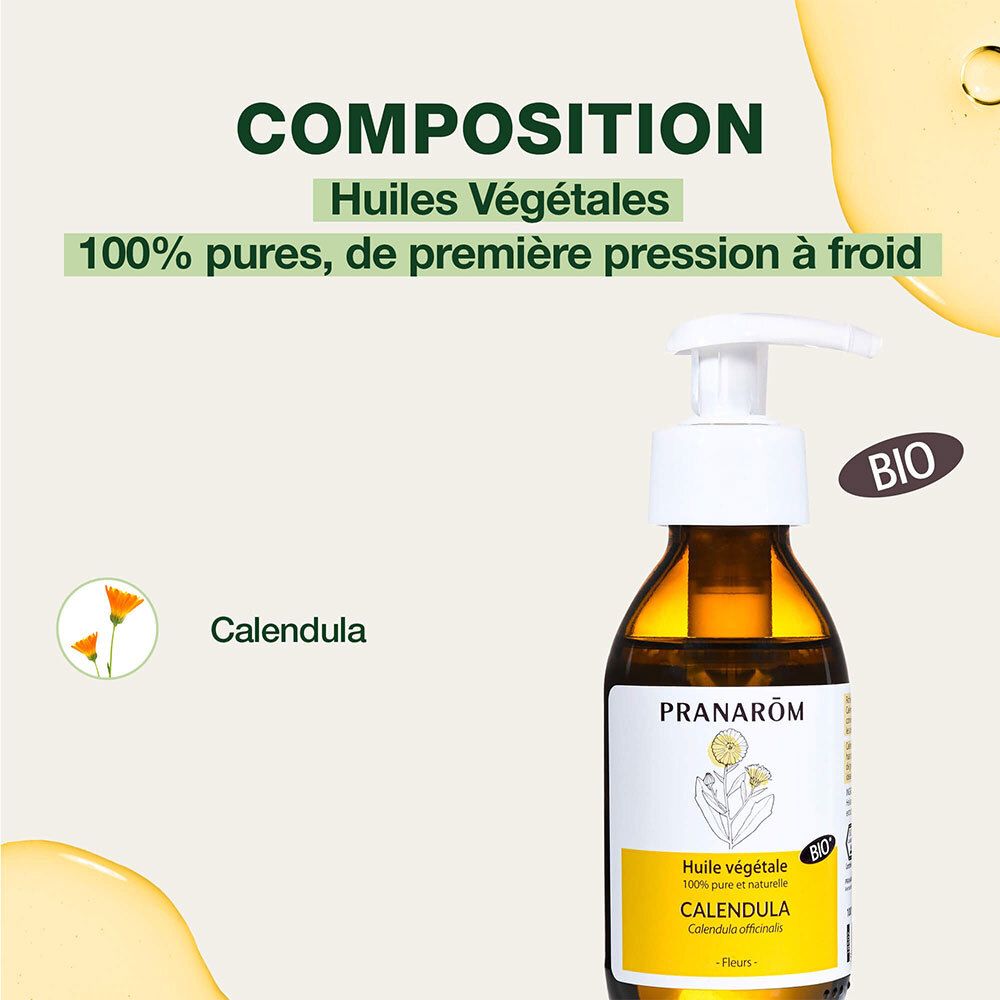 Afbeelding met fles en tekst. Beschrijft de samenstelling van Calendula olie.